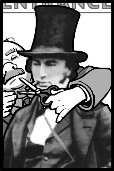 Image from Brunel 200 comic in which a man is cutting off Brunel's cigar