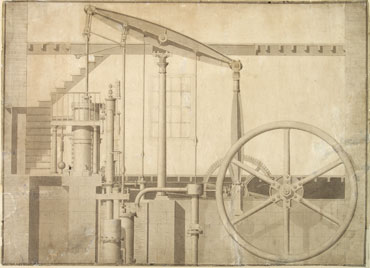 Engineering drawing of double-acting Watt-type stationary steam engine, by Joseph Clement (Elton Collection: Ironbridge Gorge Museum Trust)