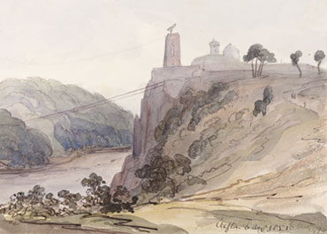 1851 watercolour showing Clifton-side tower of bridge and the observatory (Private collection)